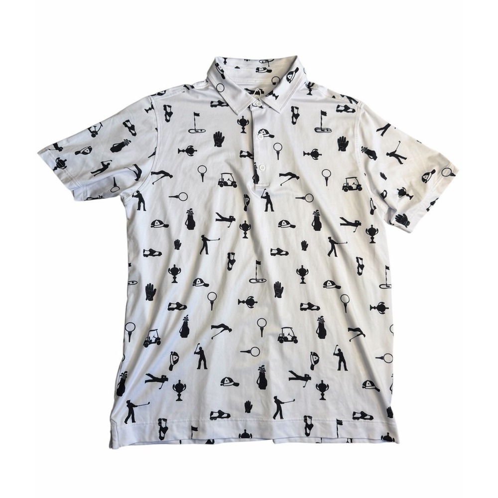 Deolax Golf Polo Shirt Men Large White All Over Golf Print Performance Stretch